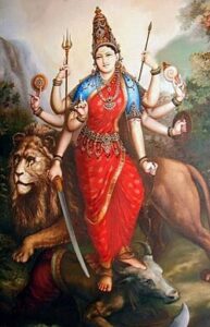 Painting depicting goddess Durga after slaying demon Mahishasura